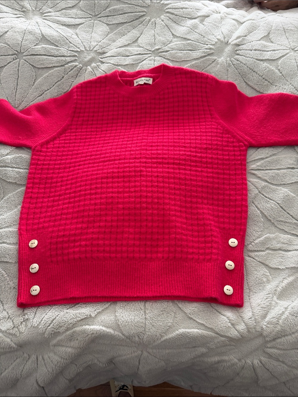 Button-Hem Waffle Knit Crew Sweater in Hot Pink